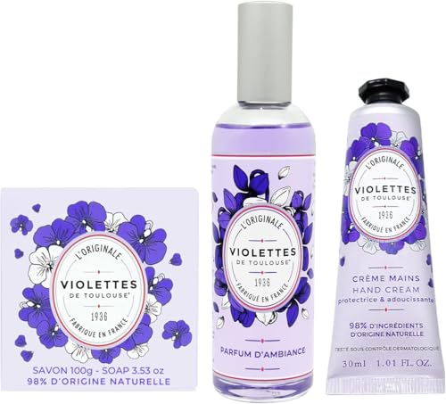 BERDOUES – Lote Violettes de Toulouse - Ambientador hogar 100ml + Jabón sólido 100g + Crema de manos 30ml, Cofre regalo mujer, fabricado en Francia