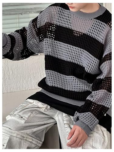 SHENHE Men's Striped Crochet Sweater Hollow Out Crew Neck Color Block Fall Sweater Pullover4