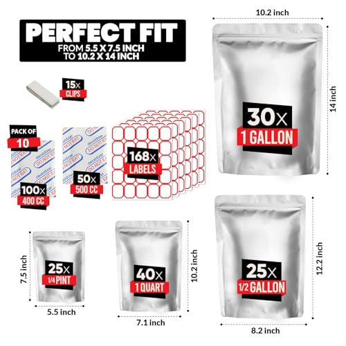 120 Mylar Bags with 150 Oxygen Absorbers-168 Labels & Stand-Up Reusable 4 Sizes Airtight Smell Proof Resealable Bags with 15 Clips-11 MIL Food Storage Large Mylar Bags