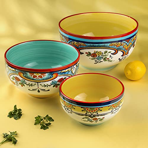 Euro Ceramica Zanzibar Collection Vibrant Ceramic Mixing Bowls, 3 Piece Set, Spanish Floral Design, Assorted Sizes, Multicolor,176 fluid ounce - Image 6