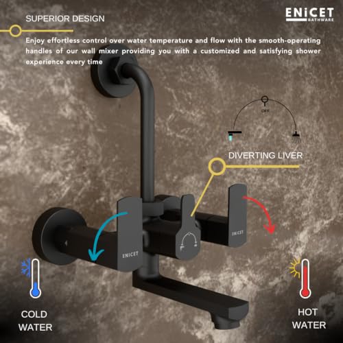 Image of ENICET 2 in 1 Wall Mixer with Shower for Bathroom, Matte Black, Brass Build, 220mm Long Bend Pipe Provision, Shower Set, Mixer Tap for Bathroom (KE121SBLACK)