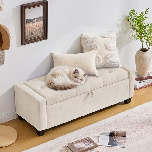 Image of Huatean Home 43 inch Ottoman with Storage, Storage Ottoman Bench with Safety Hinge, Upholstered Entryway Bench with Seating for Bedroom, Living Room, Holds up to 330 lb, Beige