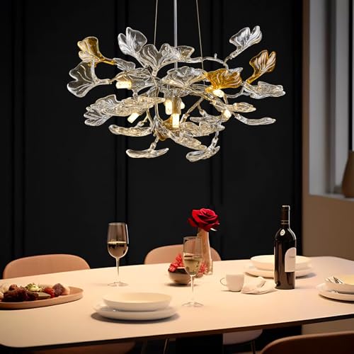 Image of AioTio Black Modern Chandeliers for Dining Room, D21.6'' Round Tree Branch Glass Ginkgo Leaf Farmhouse Chandelier,Silver Art Deco Ceiling Hanging Chandelier for Living Room,Entryway,Foyer,Kitchen