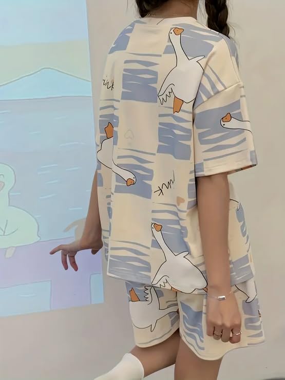 Image of Lunza Women's Cotton Blend Pajama Set, Short Sleeve T-Shirt and Shorts, Cute Bear Print Nightwear