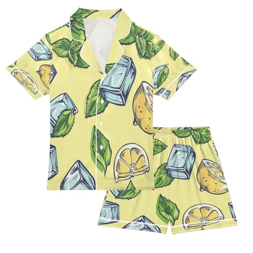 Satin Pajama Sets Short Sleeve Ice Mint Lemon Pattern Button Down Silky Nightwear 2 Piece PJS 5-14Y
