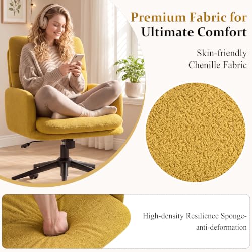 Image of Comfortable Ergonomic Office Chair, Upholstered Desk Chair with Double-Layer Cushioning, Adjustable Height Swivel Task Chair with Padded Armrests, Rolling Wheels and Metal Base, Yellow