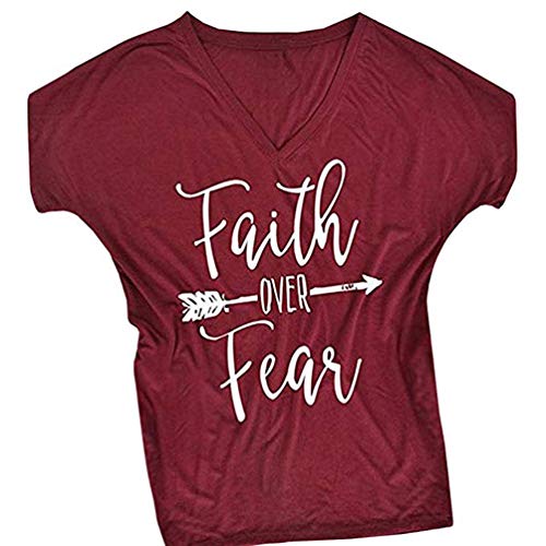 MIMOORN Women's Short Sleeve Letter Printed V Neck Tee Tops Casual T-Shirt Wine Red Medium