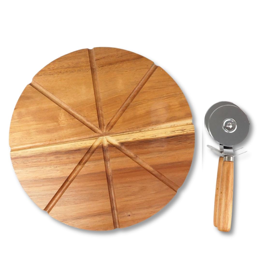 Kit Tábua de Corte para Pizza com Divisórias 24x24cm + Cortador em Inox – Bambu Natural,