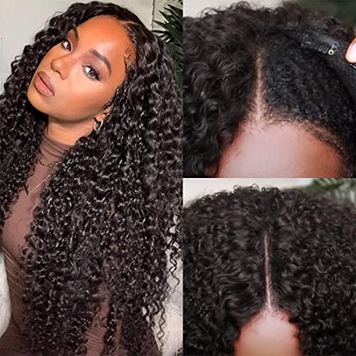 V Part Wig Human Hair for Women 10A Upgraded U part Wig Human Hair Beginner Friendly 150% Density V Shape Wigs Clip In Half Wigs Natural Color 14 Inch Kinky Curly V Part Wig
