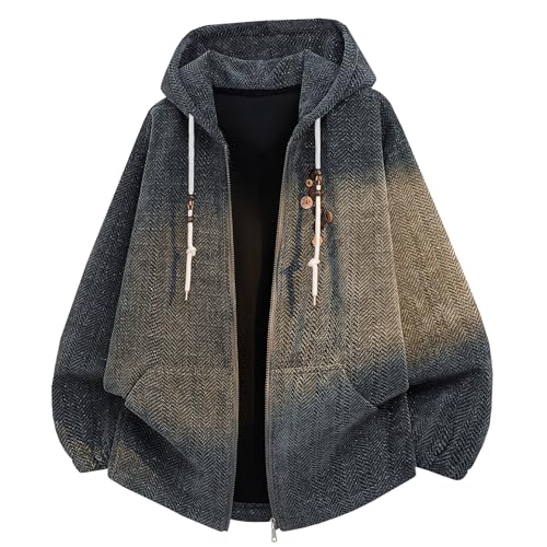 GURUNVANI Men's Textured Zip Up Hoodie with Button Decor Loose