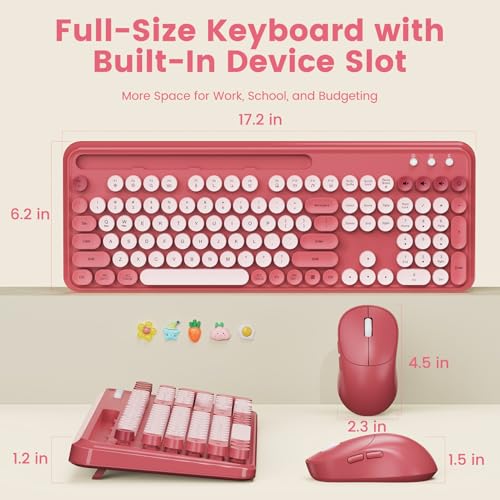 Wireless Keyboard and Mouse Combo, Retro Round Keycaps, Full-Size Stylish Typewriter Keyboard with Large Phone/Tablet Holder, 3-Level DPI Ergonomic Mouse, 2.4GHz Cordless for Windows PC, Rose Pink by SABLUTE - Used condition - Image 8