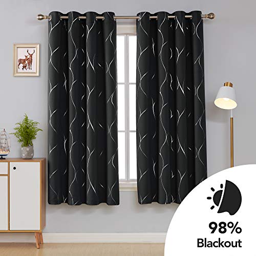 Deconovo Blackout Curtains, Eyelet Room Darkening Curtains, Silver Wave Line Foil Printed Window Treatment for Living Room, 52 x 72 Inch(Width x Length), Black, 2 panels
