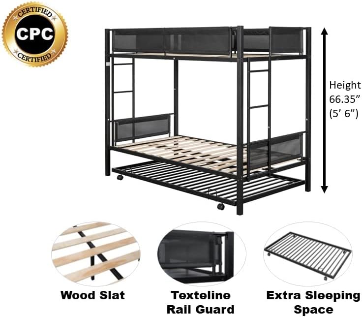 Metal Bunk Beds Twin Over Twin Size with Trundle and Safety Guard Rails,Heavy Duty Sturdy Steel Bed Frame for Boys Girls Adults,No Box Spring Needed