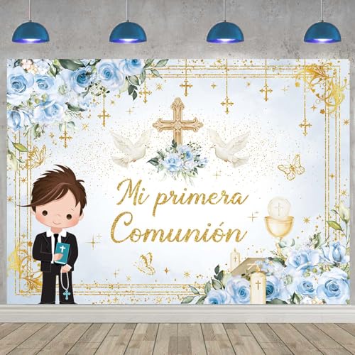 Mi Primera Comunion Baptism Backdrop for Boys God Bless First Holy Communion Photography Background Blue Floral Mi Bautizo Christening Confirmation Party Decorations Banner 7X5FT(82 x 59 inch) by BUTEN - Used condition - Image 2