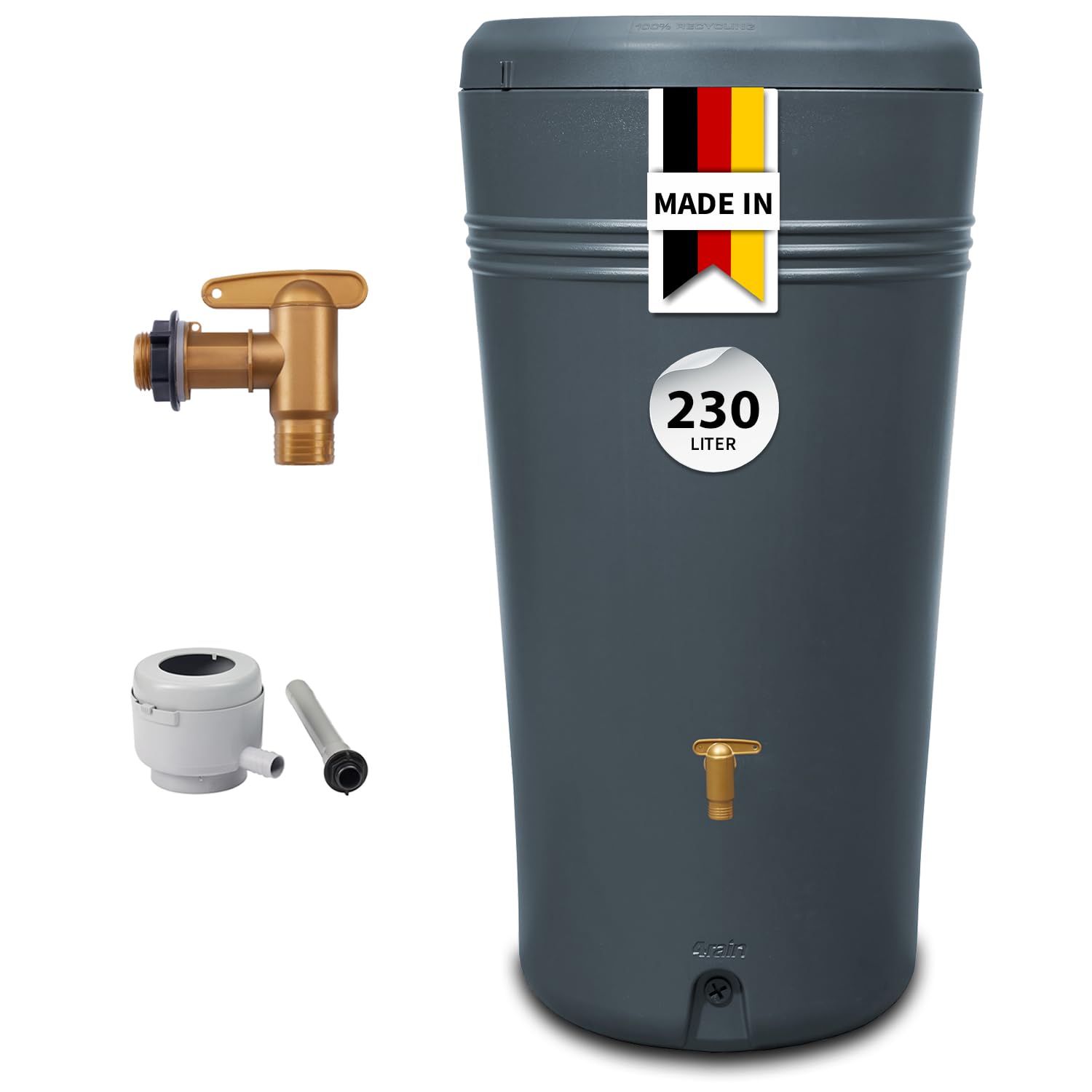 4rain Azura Regentonne Set 230 Liter Graphitgrau Wandtank Wassertank | mit Kunststoff-Hahn + Fallrohranschluss Regenfass Regenwassertonne Wassertonne für Garten Wasserfass Grau