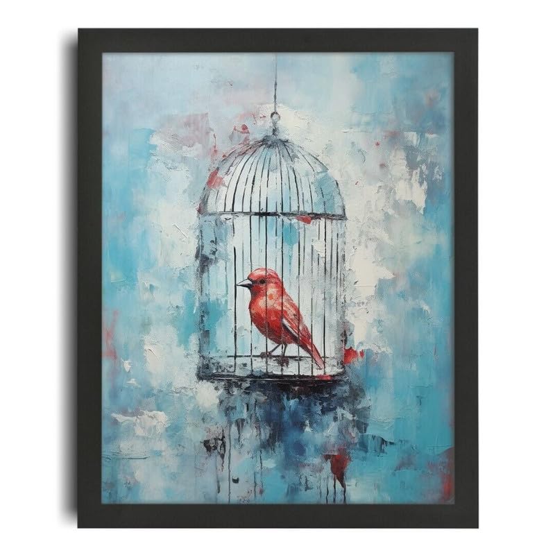 A0 Poster on Canvas Vintage Bird In A Cage Wall Art Blue Artwork Lounge Deco