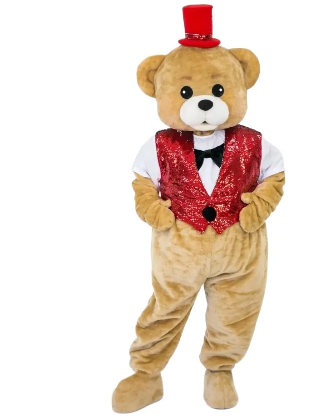 HEWOOJ Brown Bear Mascot Costume with Red Vest Halloween Carnival Party Suits for Adults (170-185cm)