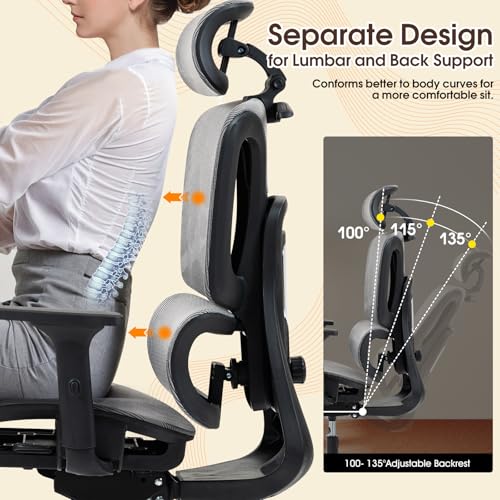 Image of ECOTOUGE Ergonomic Office Chair, High Back Mesh Computer Chair with Lumbar Support, Adjustable Headrest & 3D Armrests, Reclining Desk Chair for Home, Gaming Chair for Adults, 330LBS Capacity, Grey