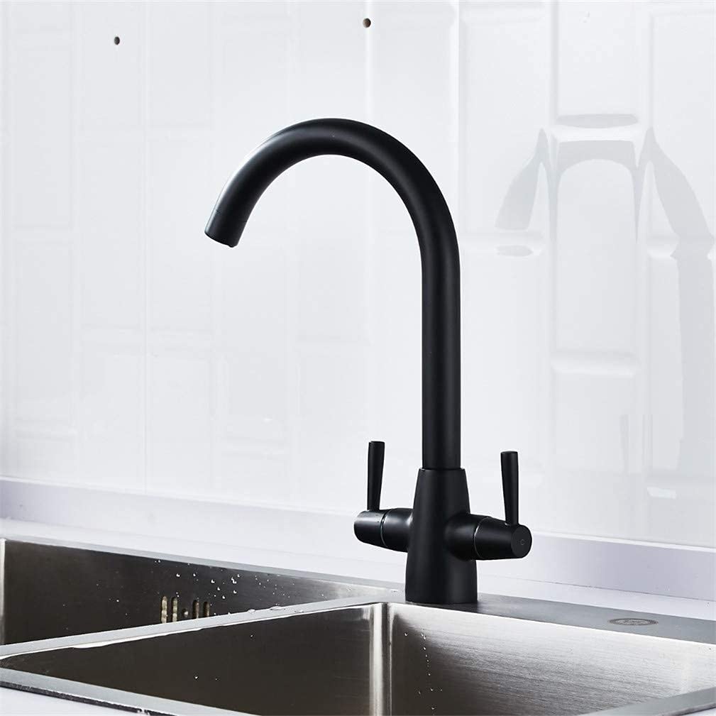 VDOQTLJT Kitchen Faucets Brass Material Double Handle Sink Tap with Aerator Crane Mixer 360 Swivel Deck Mounted Torneira Black(Nero)