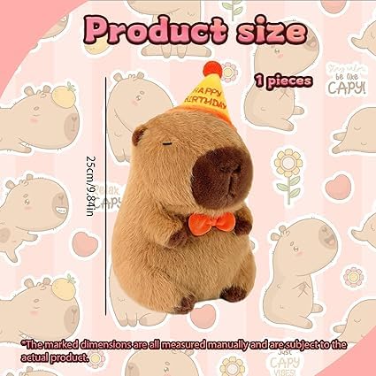Capybara Peluche, 25cm Bambola di Peluche Giocattolo Peluche Capibara con Cappello da Compleanno Simpatico Pupazzo Cuscino Farciti Bambola Regali di Compleanno di Natale per Bambini