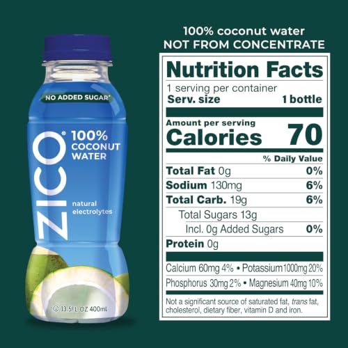 Image of ZICO 100% Coconut Water, 13.5 fl oz Bottles (Pack of 15) | Natural Electrolyte Hydration, No Added Sugar, Single Ingredient, Refreshing Sports Drink Alternative