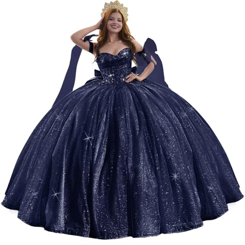 TRHTX Sparkly Tulle Quinceanera Dresses with Long Bow Lace Sweet 16 Dresses Pleated Sweetheart Ball Gown