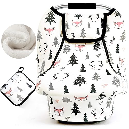 Image of ACRABROS Car Seat Covers for Babies,All Season Infant Carseat Cover Canopy for Boys and Girls,Super Stretchy Adjustable Peeping Window with Mesh Cover,Warm Breathable Universal Fit,Forest Fox