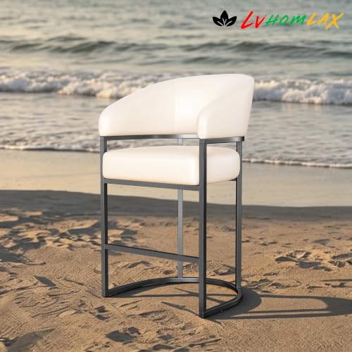 Butacos Modernos de Altura para Barra, Juego de 2, Tapizados en Cuero Sintético Beige Blanco con Estructura de Metal Negro, Altura de Asiento 26 pulgadas, Soportan 480 lb miniatura 3