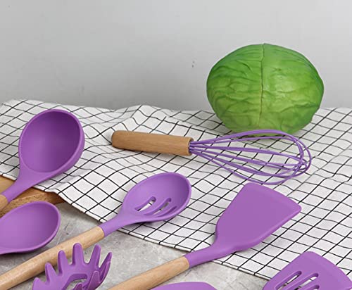 Db11 12Pcs Purple Silicone Cooking Kitchen Utensil Set - Wooden Handles Silicone Kitchen Gadgets With Rotatable Hook And Holder Heat Resistan Kitchen Tools Bpa-Free For Nonstick Cookware (Black Hook) #TOP5