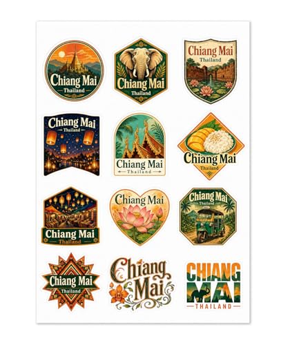 Chiang Mai Thailand 12-Pack Souvenir Sticker Sheet 1.5 Inch Kiss-Cut Vinyl Stickers Travel Gift Laptop Water Bottle Journal Scrapbook Decals