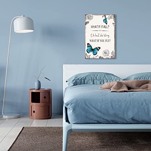 Inspirational Quote Canvas Wall Art : Motivational Posters Blue Butterfly Flower Picture Framed, What If I Fall Positive Affirmations Bedroom Decor Gift For Women Girl 10" X 15" #TOP5
