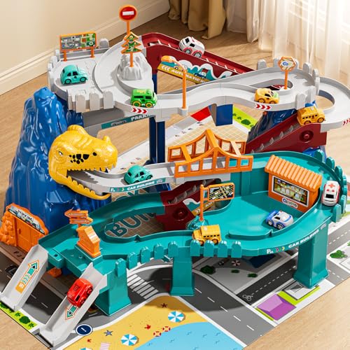 Image of NIPLOOOW Dinosaur Race Track Playset for Boys Kids 3-5, Dinosaur Climbing Hills Car Track Play Set with 10 Mini Racer Cars, Kids Car Ramp Track Toys for 3 4 5 6 7 8 Year Old Boys Girls