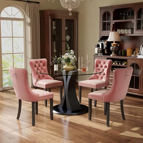 Image of 5-Piece Dining Table Set with 39In Tempered Glass Table and 4 Velvet Upholstered Chairs, Modern Scandinavian Furniture for Dining Room Kitchen(Pink)
