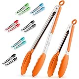 Zulay 2 Pack (9' & 12') Tongs For Cooking With Silicone Tips - Stainless Steel Kitchen Tongs With...