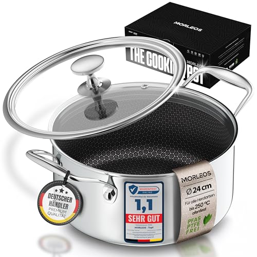 MORLEOS Schmortopf kratzfeste Antihaft-Waben-Keramikbeschichtung - 4,7 Liter, Ø 24×12 cm, 2,5 kg - modernen flachen Glasdeckel energiesparender 5-Schicht-Kochtopf - induktionsgeeignet