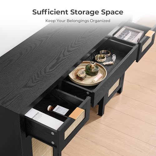 Image of SICOTAS 52 Inch Vanity Table Rattan Vanity Home Office Desk with 3 Drawers | 2 Pieces Farmhouse Boho Makeup Vanity Dressing Table with Large Storage, Vanities Desk for Makeup Room, Bedroom, Office