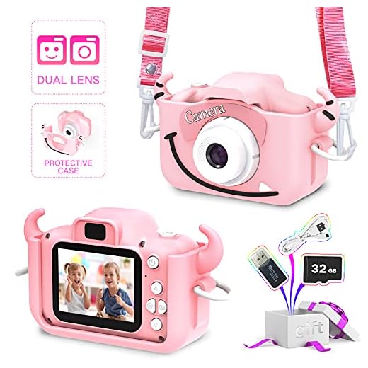 goopow Kids Children Camera, Child Digital Video Mini Camera for Girls with a Cartoon Soft Silicone Cover for Outdoor Play, Toys for Girls 3-8 Years Old, Best Christmas Birthday Gift for Girls (Pink)