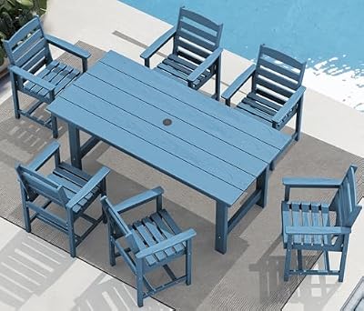 SERWALL 7-Piece Patio Dining Table Sets, Outdoor HDPE Dining Furniture Set with Umbrella Hole Cut-Out Table and 6 Chairs, Blue
