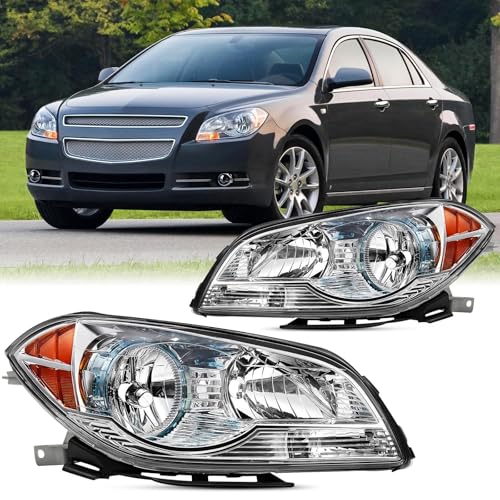 Aresparts 2PCS Headlight Assembly Set For 2008 2009 2010 2011 2012 Chevy Malibu LT LS LTZ Hybrid Sedan Replacement Headlamps Passenger and Driver Side Chrome Housing Amber Refelctor Clear Lens(LH&RH)