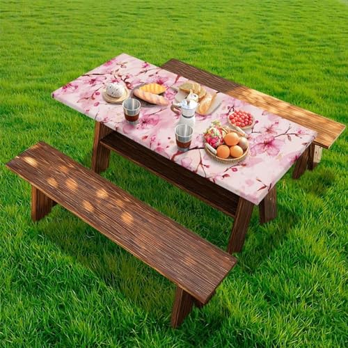 Hudotybom Picnic Table Cover with Elastic Pink Floral Camping Table Cover for Picnic Table Rectangle Tablecloth for Garden, Park Camping Essentials for Camper, 94x30 Inches