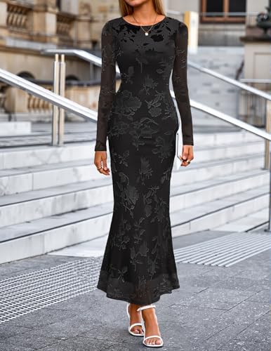 MEROKEETY Women's Fall Long Sleeve Maxi Dresses Bodycon Floral Mesh Sexy Wedding Guest Cocktail Party Dress2