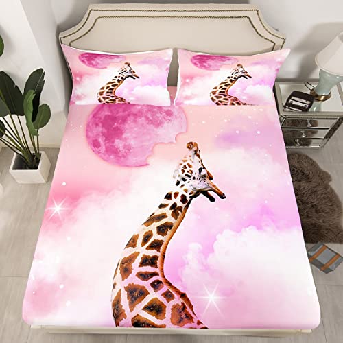 Erosebridal Giraffe Bedding Sets Twin,Boho Tie Dye Bed Sheet for Kids Boys Girls Bedroom with Deep Pocket,Galaxy Starry Sky Fitted Sheet & 1 Pillow Case,2 Pieces Bedding Decor Set