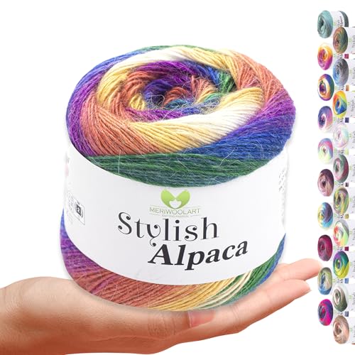 Stylish Alpaca Garn – Weiches Alpakawolle Strickgarn – 150g (525m) feines DK Wolle zum Stricken & Häkeln – Ideal für Pullover, Schals, Tuch, Babykleidung – Premium Multicolor Farbverlauf 7718