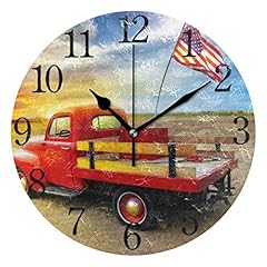 Wall Clock Red Vintage Pick Up Truck with American Flag Decorative Hanging Clock Silent Non Ticking photo Wall Clock Red Vintage Pick Up Truck with American Flag Decorative Hanging Clock Silent Non Ticking