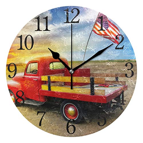 Wall Clock Red Vintage Pick Up Truck with American Flag Decorative Hanging Clock Silent Non Ticking Round Clock for Living Room Kitchen Bedroom
