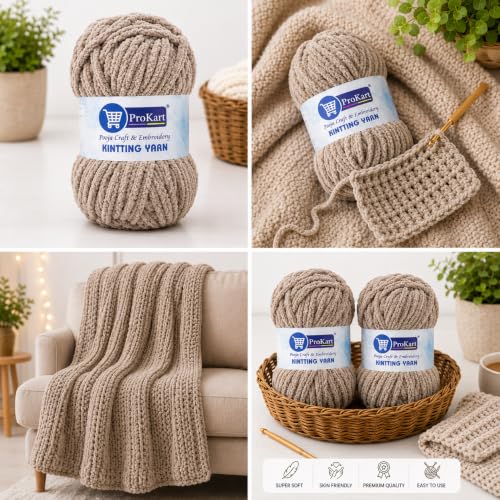 Image of ProKart Premium Blankie Wool, Plush & Cuddly, Chenille Yarn Supersoft Hand Knitting Wool Ball | Blanket Thick Adult, Sweaters, caps, Throws, Blankets (Light Mud-001, 100gms x 1 Pack)
