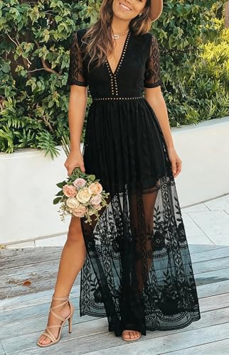 Image of LRISES Womens V Neck Floral Embroidered Lace Wedding Maxi Dress Boho Short Sleeve Slit Bridesmaid Evening Party Dresses