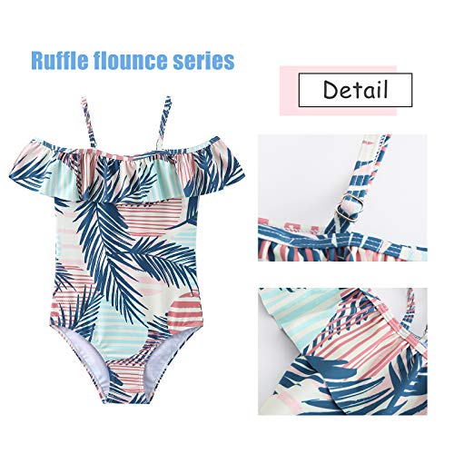 Moon Tree Big Girls One Piece Bathing Suit Off Shoudler Swimsuits For Kids Summer Ruffler Swimwear Tropical Palm Size 14 #TOP4