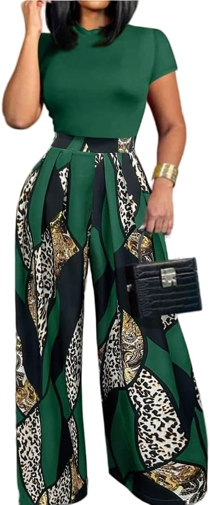 HBQ Women 2 Piece Outfits Short Sleeve Top and Flowy Flare Pants Lounge Sets Tracksuit-XL-Green Print