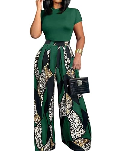 HBQ Women 2 Piece Outfits Short Sleeve Top and Flowy Flare Pants Lounge Sets Tracksuit-XXL-Green Print